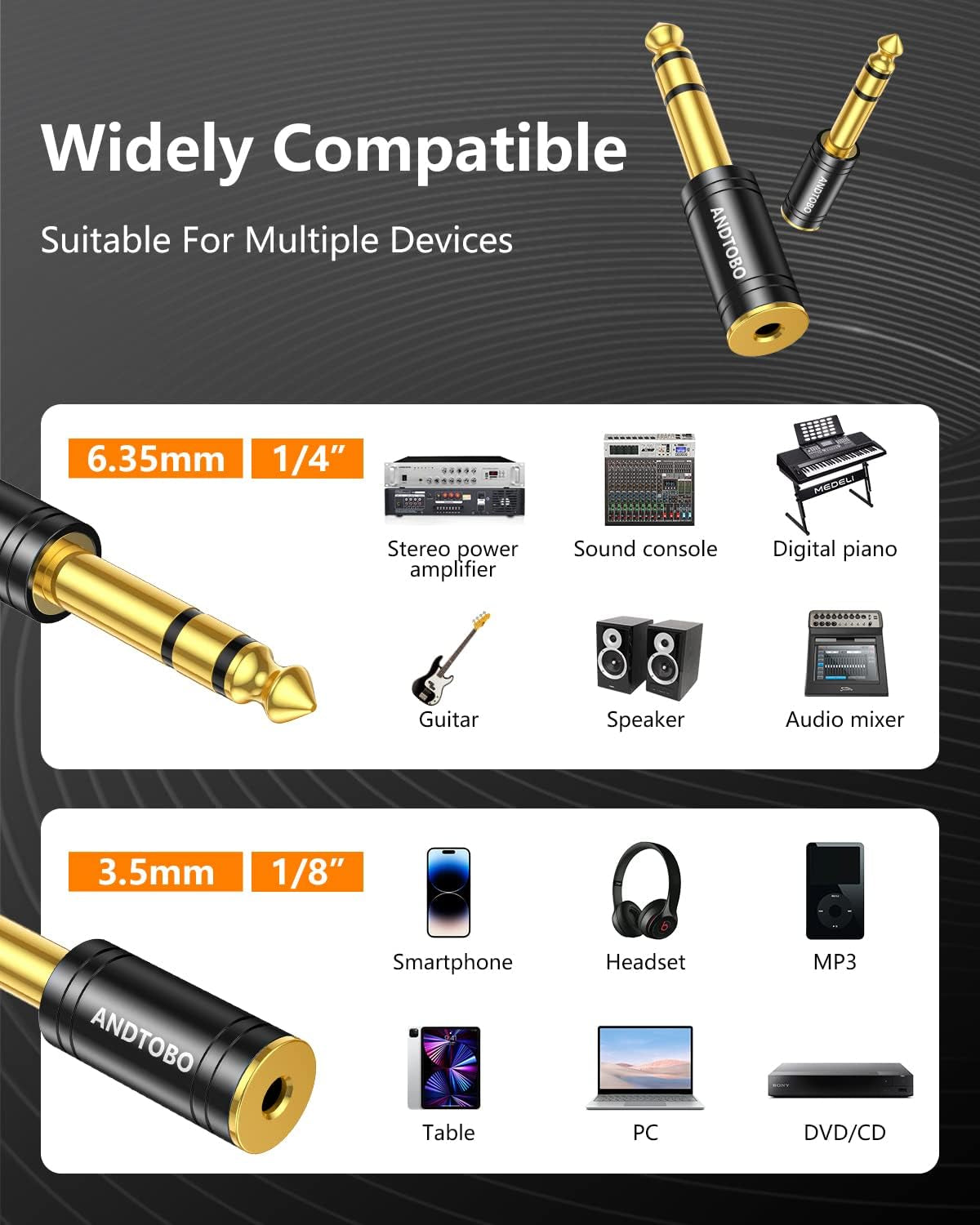1/4 Inch Male to 3.5Mm Female Stereo Audio Jack Pure Copper Adapter for Headphone, Amp, 2 Pack-Black