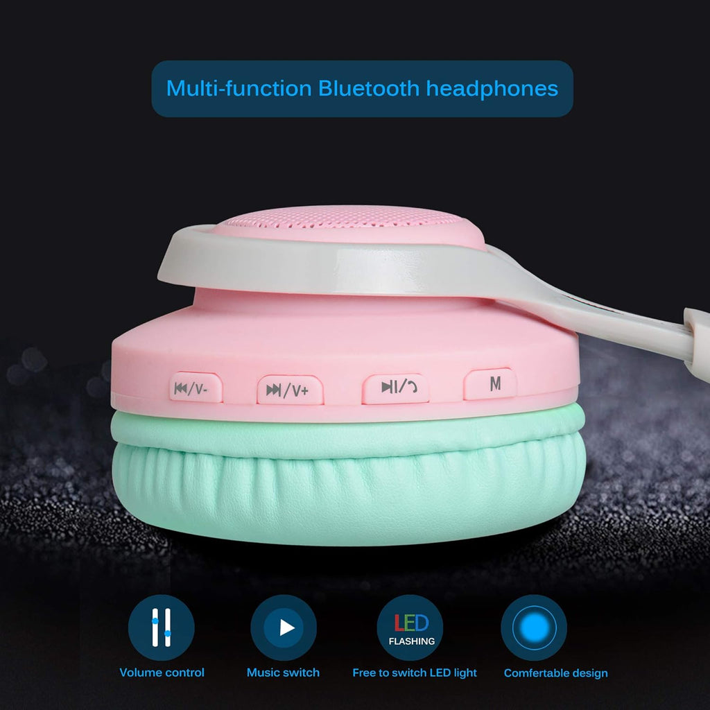 WT-7S Bluetooth Headphones Light Up, Foldable Stero Wireless Headset with Microphone and Volume Control for Pc/Cell Phones/Tv/Ipad (Pink Green)
